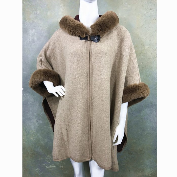 Lux WoolFeel Poncho Coat with Faux Fur Hood Trim and Cuff. Free Size.