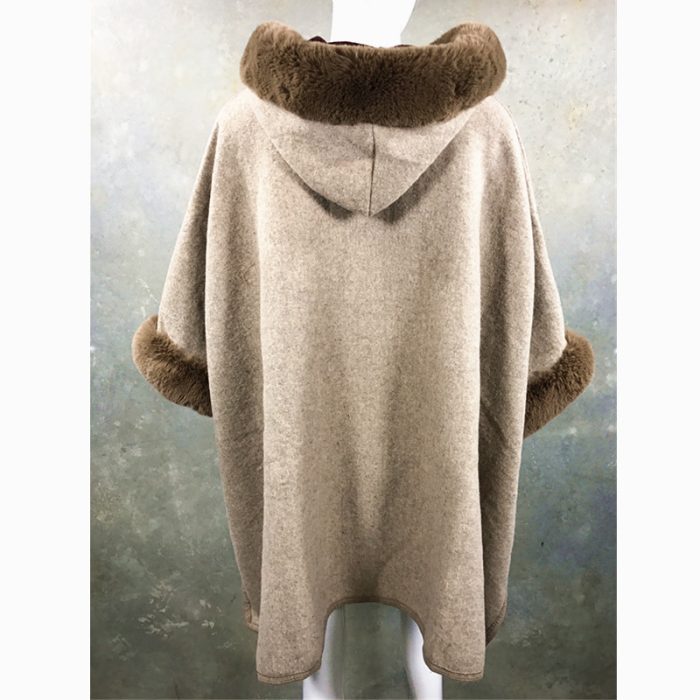 Lux WoolFeel Poncho Coat with Faux Fur Hood Trim and Cuff. Free Size. - Image 2