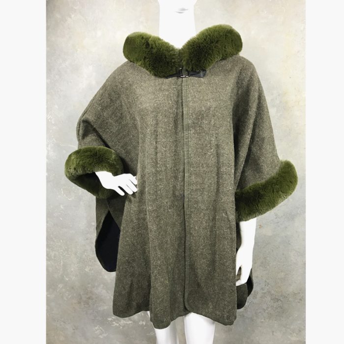 Lux WoolFeel Poncho Coat with Faux Fur Hood Trim and Cuff. Free Size.