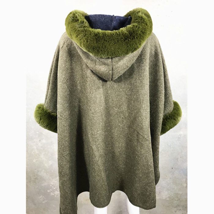 Lux WoolFeel Poncho Coat with Faux Fur Hood Trim and Cuff. Free Size. - Image 2