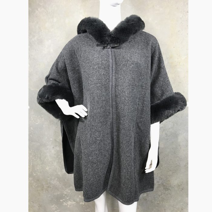 Lux WoolFeel Poncho Coat with Faux Fur Hood Trim and Cuff. Free Size.