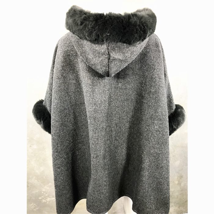 Lux WoolFeel Poncho Coat with Faux Fur Hood Trim and Cuff. Free Size. - Image 2