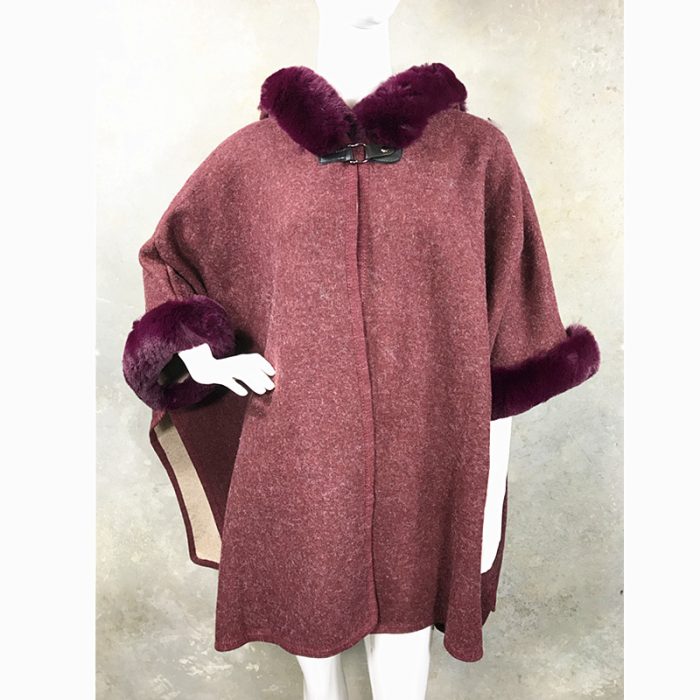 Lux WoolFeel Poncho Coat with Faux Fur Hood Trim and Cuff. Free Size.