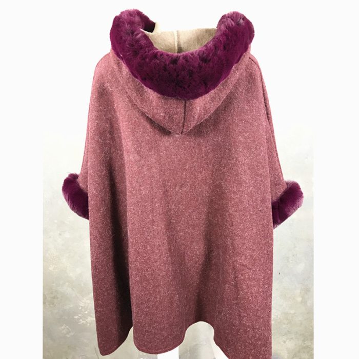 Lux WoolFeel Poncho Coat with Faux Fur Hood Trim and Cuff. Free Size. - Image 2