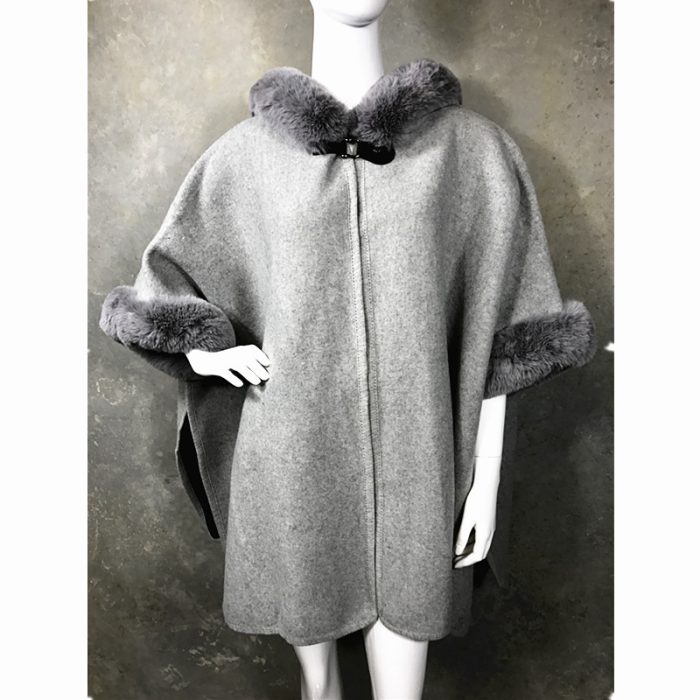 Lux WoolFeel Poncho Coat with Faux Fur Hood Trim and Cuff. Free Size.