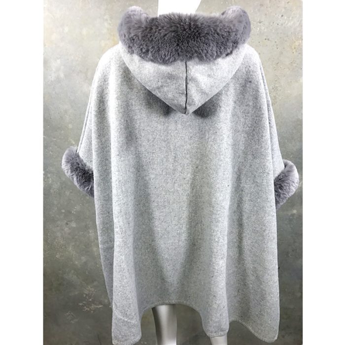 Lux WoolFeel Poncho Coat with Faux Fur Hood Trim and Cuff. Free Size. - Image 2