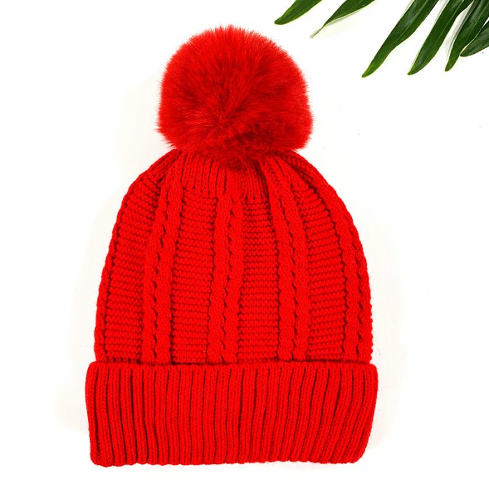 Thinsulate Wool Mixed Beanie with Faux Rabbit Fur Pom. Free Size.