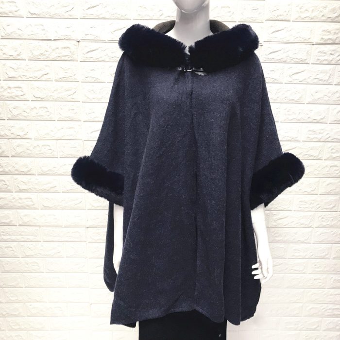 Lux WoolFeel Poncho Coat with Faux Fur Hood Trim and Cuff. Free Size.
