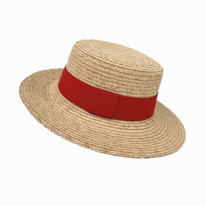 Braid Raffia Boater Hat with Removal Elastic Color Band