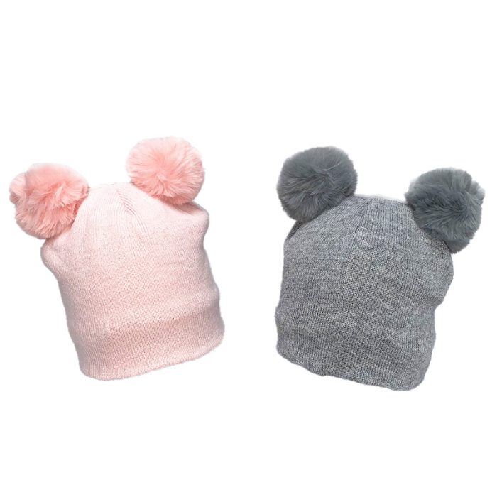 Double Layer Kids Beanie with Two Fur Pompom