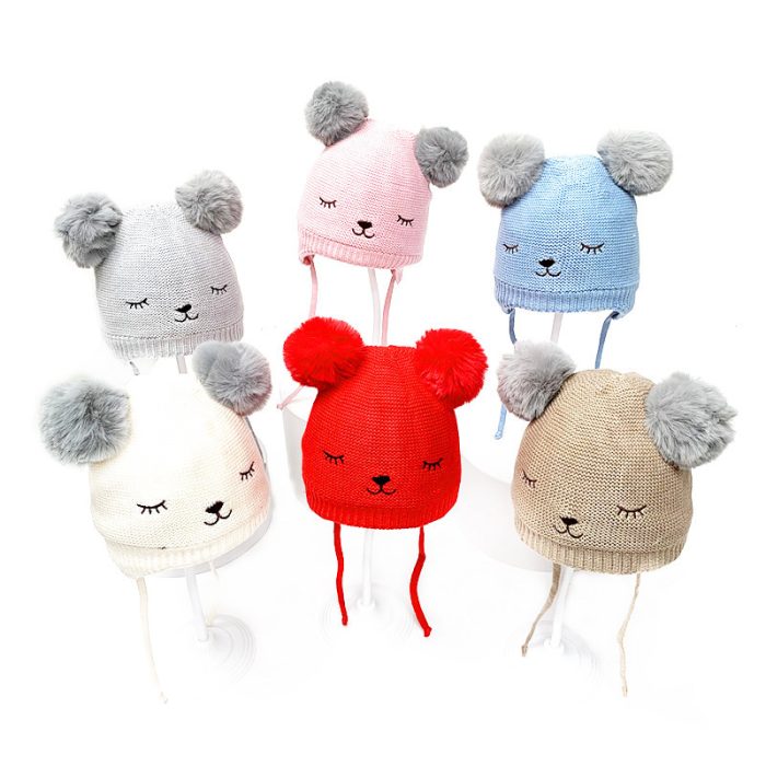 Cute Koala Ear-Covered Kids Beanie with Two Pompom and Fleece Lining