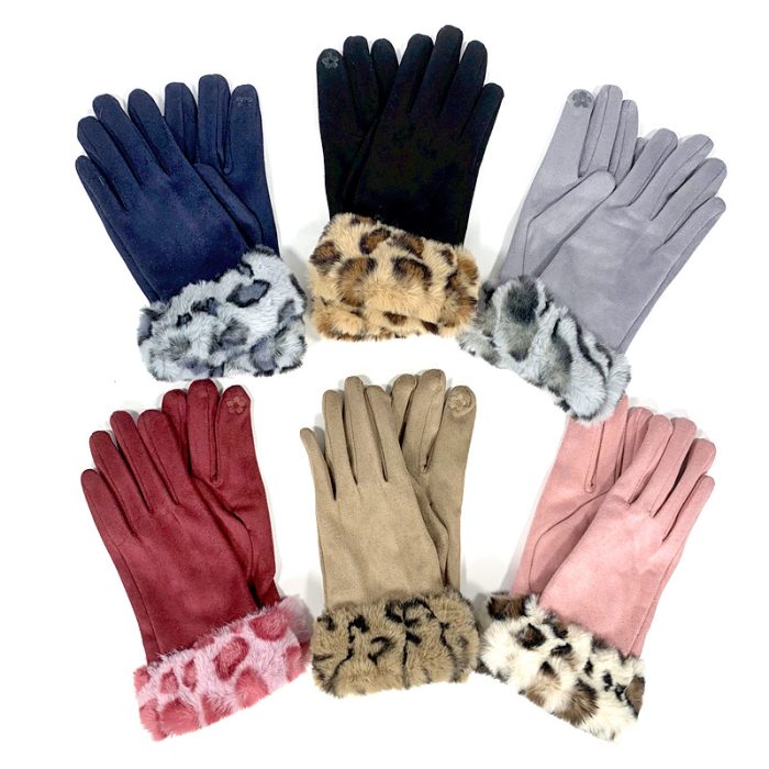 Women Suede Fluffy Trim Gloves with Lining and Finger Touch – Assorted Color