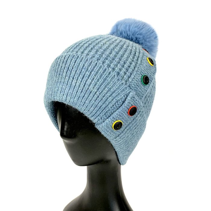 Knitted Beanie with Pom & Colorful Buttons