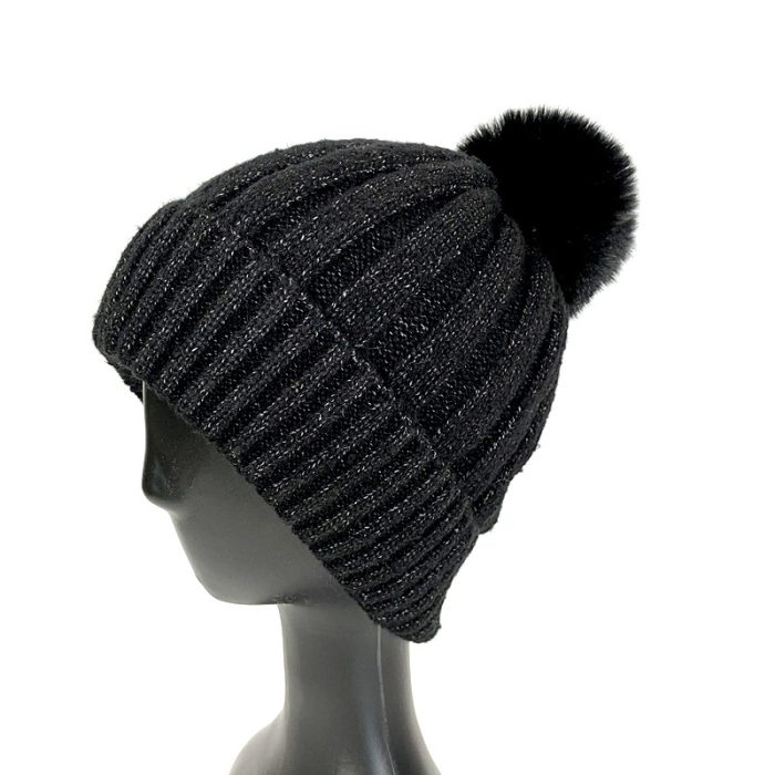 Rib Pattern Beanie with Pom