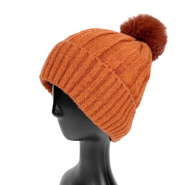 Rib Pattern Beanie with Pom