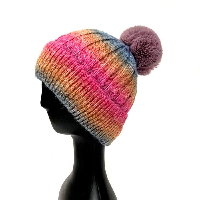 Multi Color Beanie with Faux Fox Fur Pom