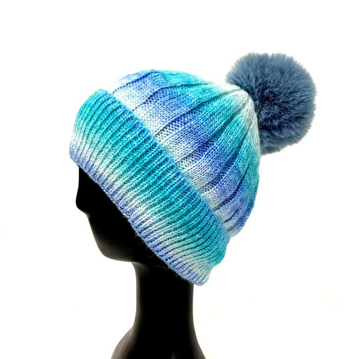 Multi Color Beanie with Faux Fox Fur Pom
