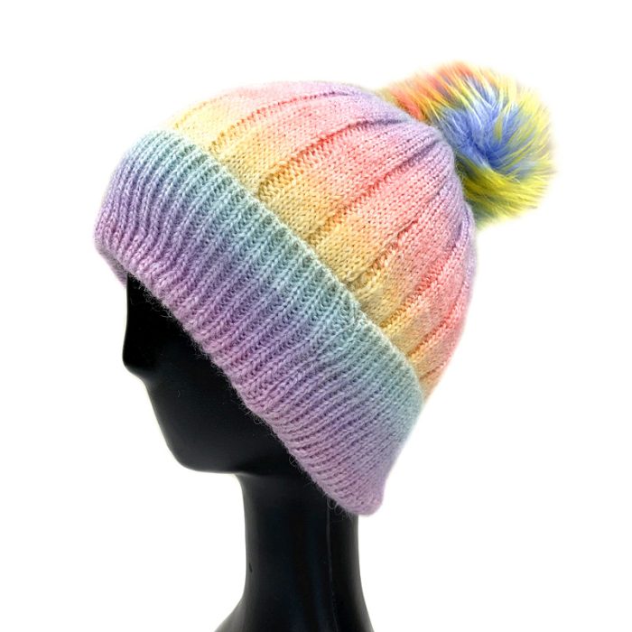 Multi Color Beanie with Faux Fox Fur Pom