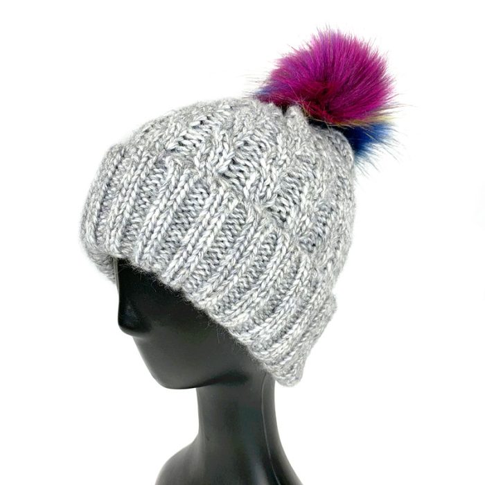 Melange Mohair Cable Pattern Beanie with Color Pom