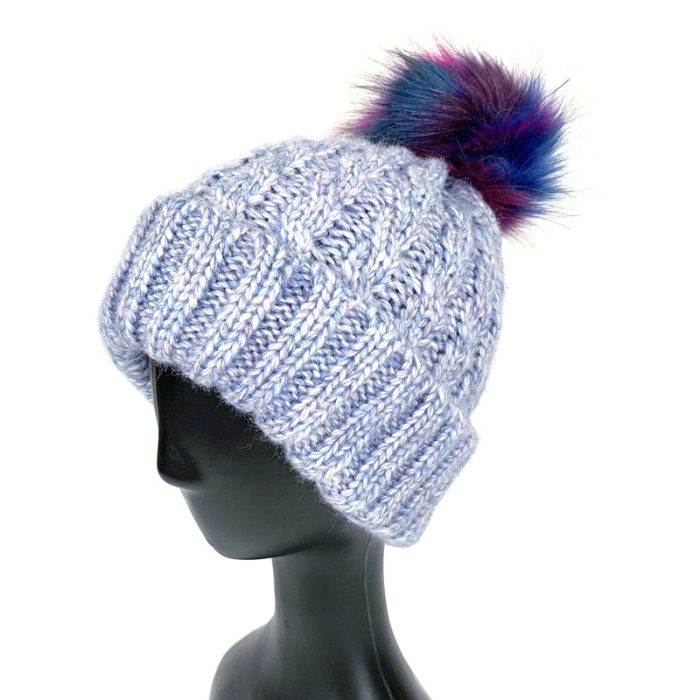 Melange Mohair Cable Pattern Beanie with Color Pom