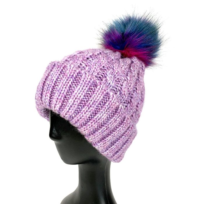 Melange Mohair Cable Pattern Beanie with Color Pom