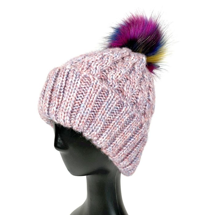 Melange Mohair Cable Pattern Beanie with Color Pom