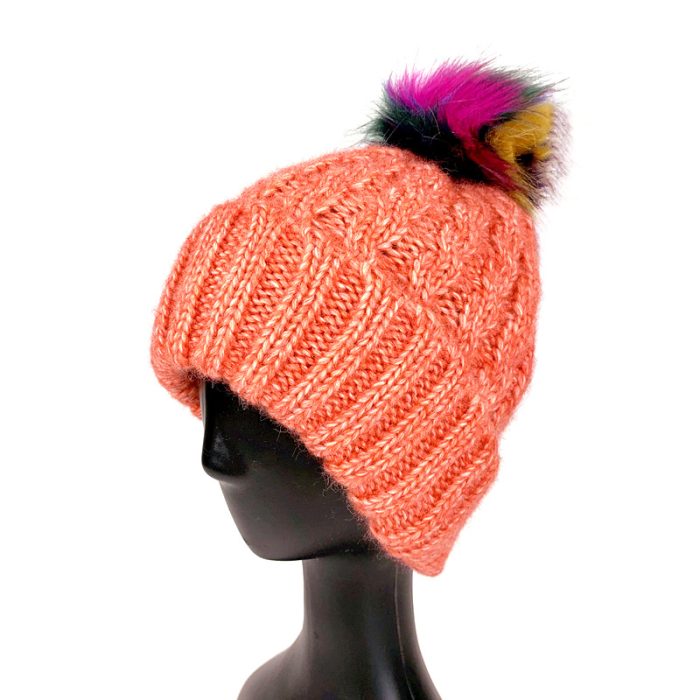Melange Mohair Cable Pattern Beanie with Color Pom