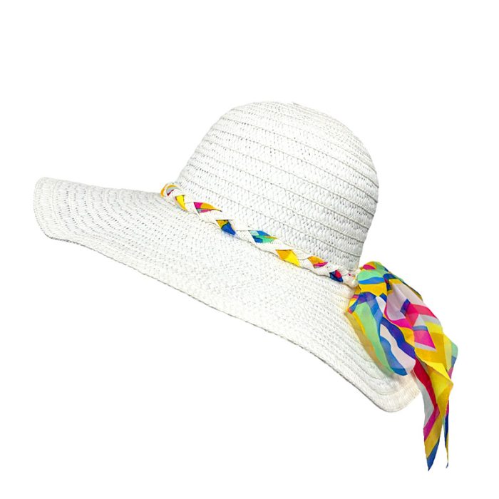 Wide Brim Hat with Twist Rainbow Ribbon