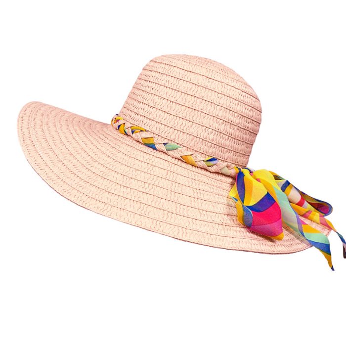 Wide Brim Hat with Twist Rainbow Ribbon
