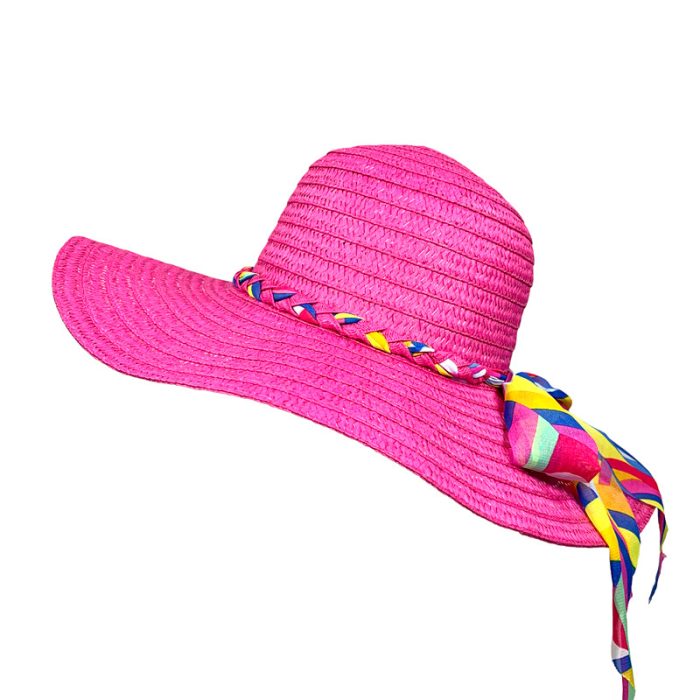 Wide Brim Hat with Twist Rainbow Ribbon