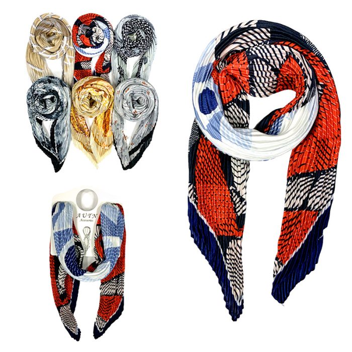 Pleated Multi Function Neckerchief/Headband/Bandanna/Bag-Tie with Display Hanger. Assorted 6pcs/set. One of Each.
