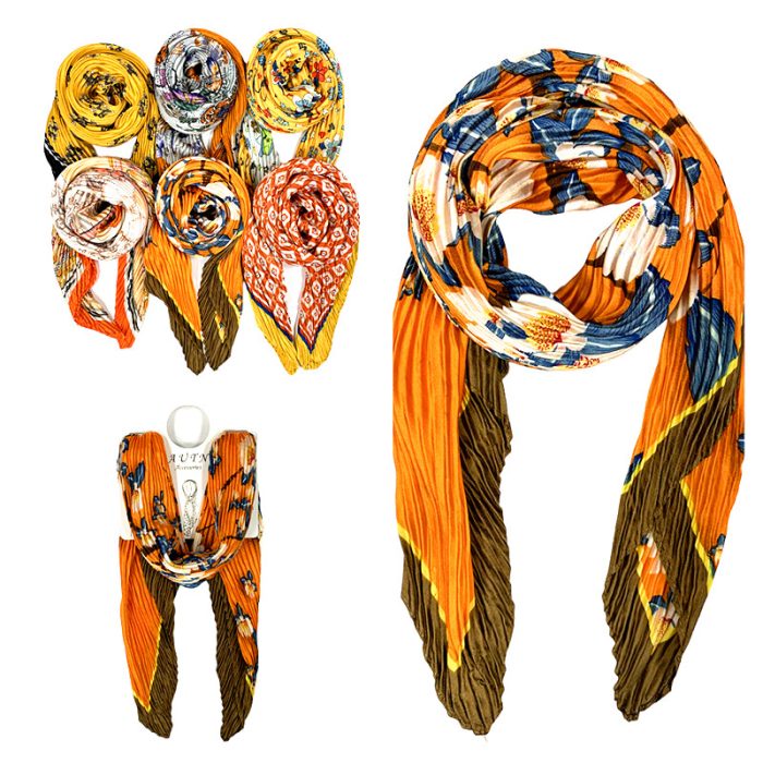 Orange Pleated Multi Function Neckerchief/Headband/Bandanna/Bag-Tie with Display Hanger. Assorted 6pcs/set. One of Each.