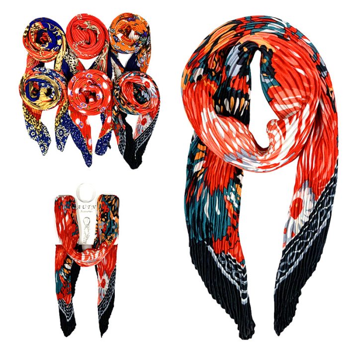 Red Pleated Multi Function Neckerchief/Headband/Bandanna/Bag-Tie with Display Hanger. Assorted 6pcs/set. One of Each.