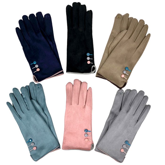 Women Suede Gloves with Color Buttons and Finger Touch – Assorted Color