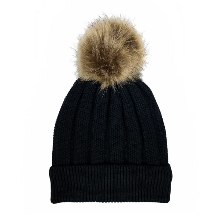 Rib Beanie with Faux Fox Pom