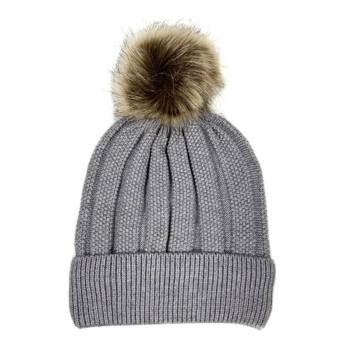Rib Beanie with Faux Fox Pom