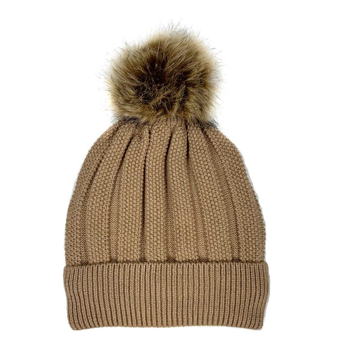 Rib Beanie with Faux Fox Pom