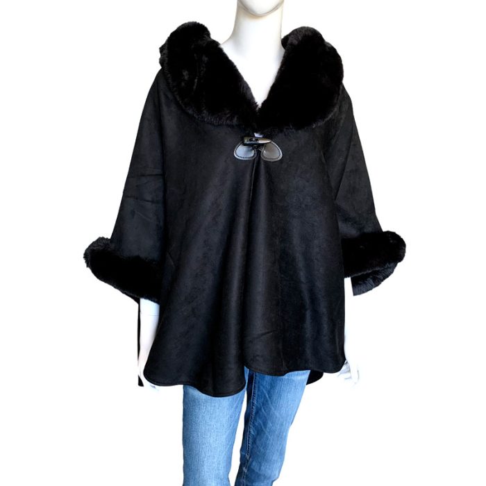 Suede Poncho with Faux Fur Collar and Cuffs