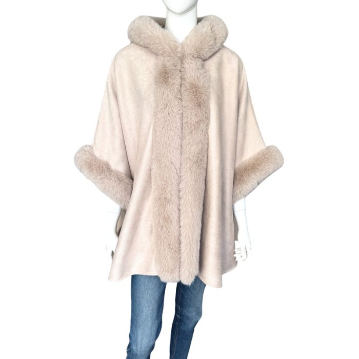 Suede Hooded Poncho with Faux Fur Trim