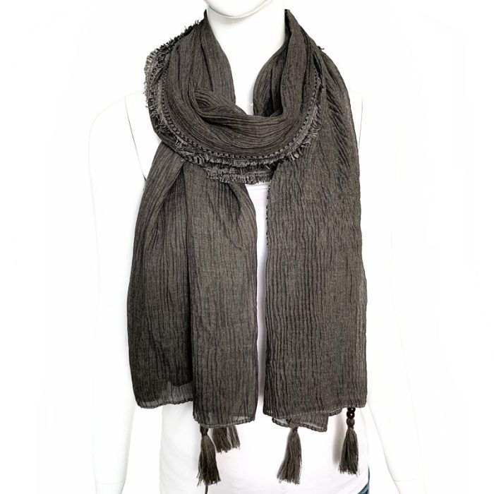 Lace Trimmed Pleated Scarf with Tassels