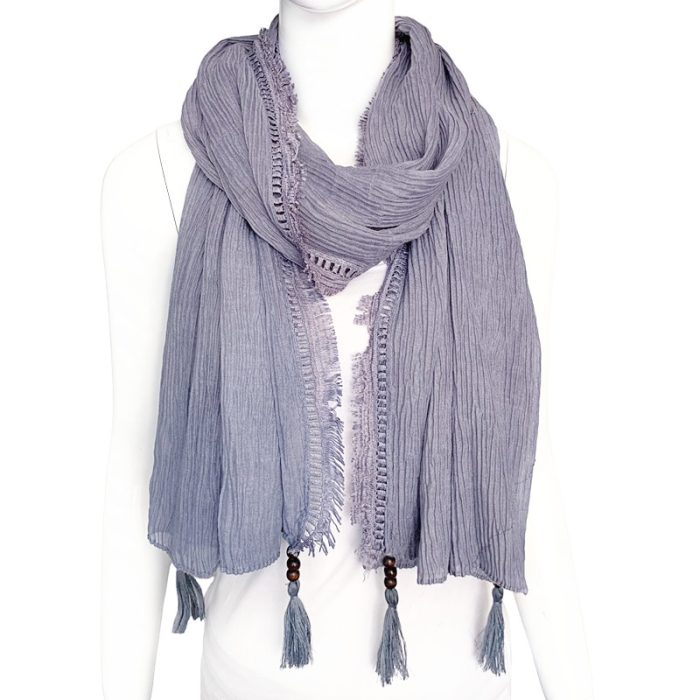 Lace Trimmed Pleated Scarf with Tassels