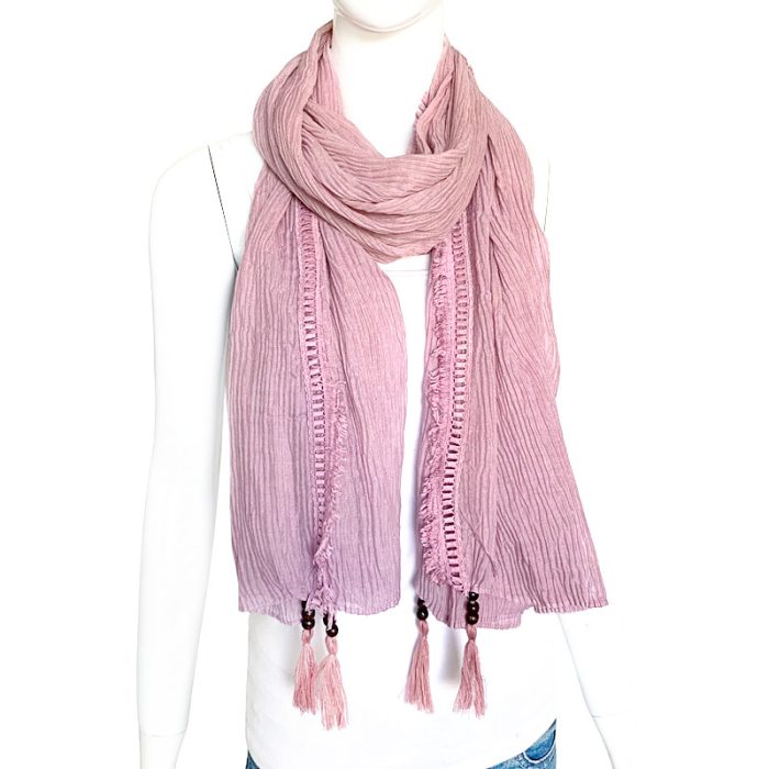 Lace Trimmed Pleated Scarf with Tassels