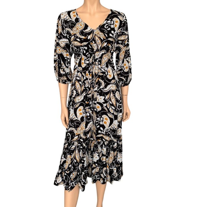 Stylish Paisley Midi Dress with Drawstring and Two Side Pockets (S/M/L)