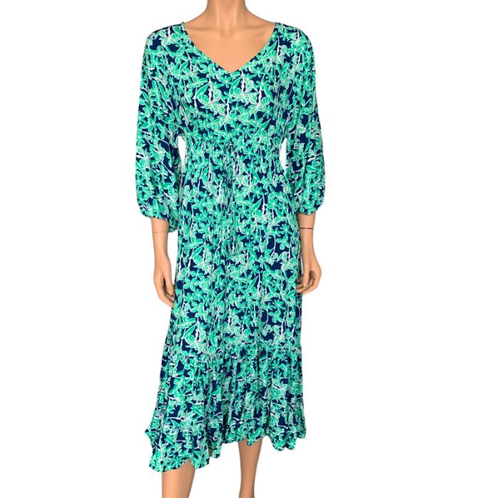 Stylish Floral Print Midi Dress with Drawstring and Two Side Pockets (S/M/L)