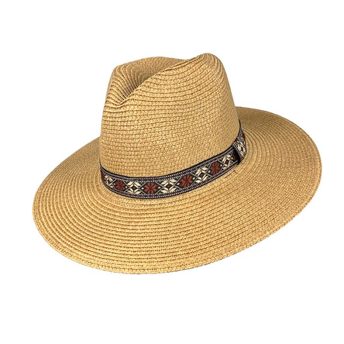 Wide Brim Fedora Hat with Fabric Band Deco