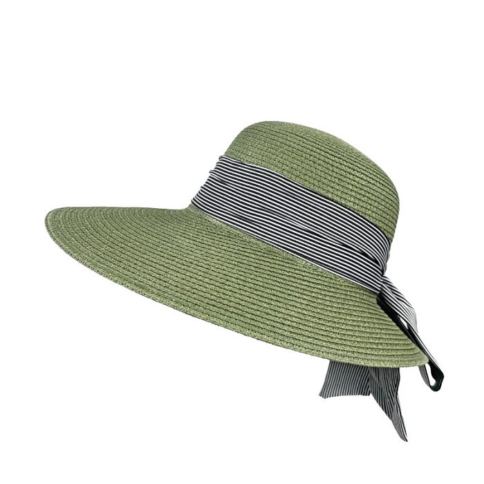 Asymmetrical Brim Hat with Stripe Ribbon