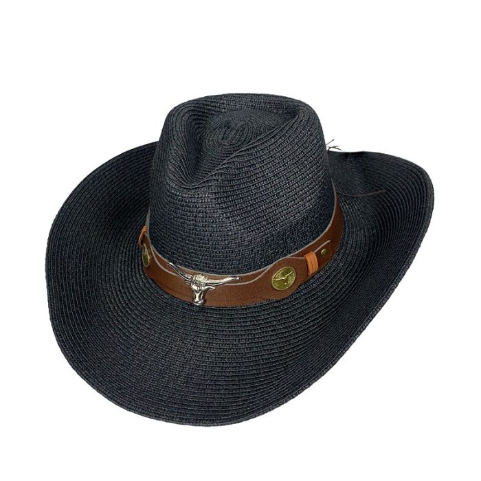 Wide Brim Cowboy Hat with Bull Head Band