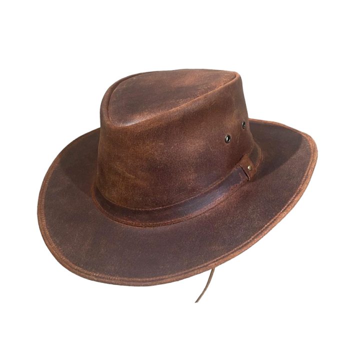 Genuine Leather Hat with Plain Hatband and Chin Cord - M