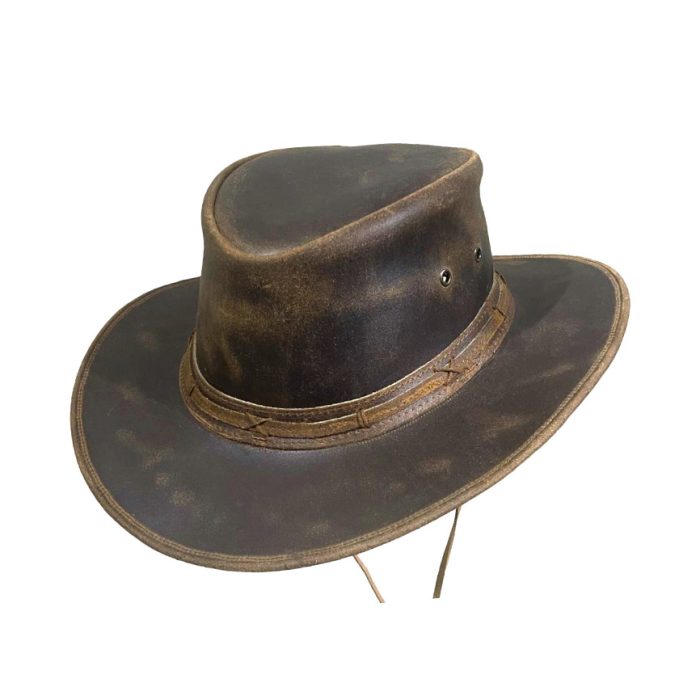 Genuine Leather Hat with Cross Threads on Hatband and Chin Cord - L