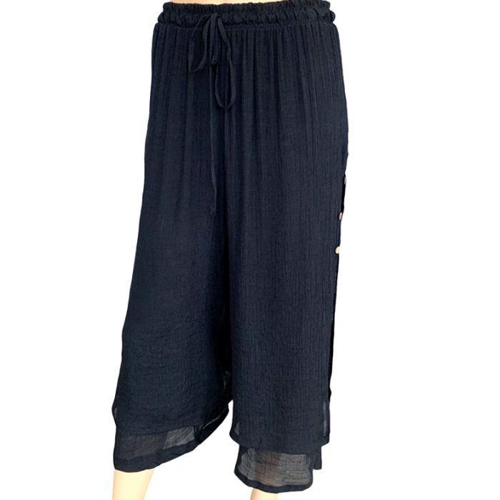 Double Layer Wide Leg Crop Pants with Side Buttons - S/M & L/XL